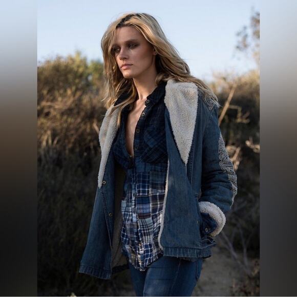 Free People Boho Embroidered Sherpa Coat Jacket - Picture 8 of 9